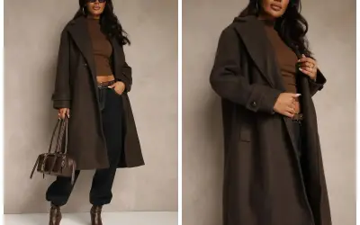 Elegancki czekoladowy płaszcz w stylizacjach. Modelka prezentuje modny look z brązową bluzką, czarnymi spodniami i botkami.