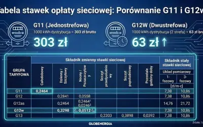 Porównanie taryfy G11 i G12w: G11 kosztuje 303 zł za 1000 kWh, G12w 63 zł. Tabela stawek sieciowych.