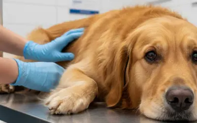 Ein Golden Retriever liegt auf einem Untersuchungstisch, während ein Tierarzt mit blauen Handschuhen ihn streichelt. Der Hund wirkt müde, vielleicht wegen IBD.