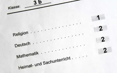 Zeugnis der Klasse 3b mit Noten für Religion (1), Deutsch (2), Mathematik (2) und Heimat- und Sachunterricht (2). Der **Erwartungshorizont** für die nächste Klasse ist hoch.