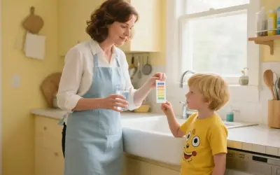 Une mère et son fils testent la qualité de l'eau du robinet dans leur cuisine. Le test indique un débit d'eau normal dans la maison.
