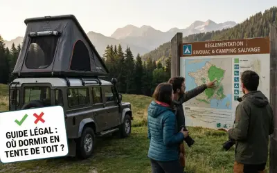Un 4x4 avec tente de toit prêt pour un bivouac. Un couple consulte un panneau de réglementation pour le camping sauvage.
