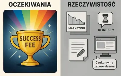 Oczekiwania: złoty puchar z napisem "SUCCESS FEE" i tęczą. Rzeczywistość: wykresy, korekty, dokumenty i czekanie na zatwierdzenie.