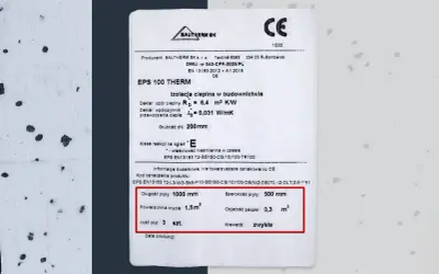 Etykieta produktu EPS 100 THERM. Grubość 200mm, powierzchnia krycia 1,5m². Ile styropianu 5 cm w paczce m2? Objętość paczki 0,3 m³.