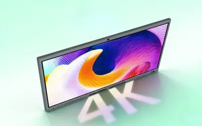 Elegancki monitor z kolorowym, abstrakcyjnym wzorem na ekranie, prezentujący rozdzielczość 3840 x 2160.