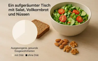 Salat, Vollkornbrot und Nüsse – eine Mahlzeit mit guten Kalorien für ausgewogene Essgewohnheiten.
