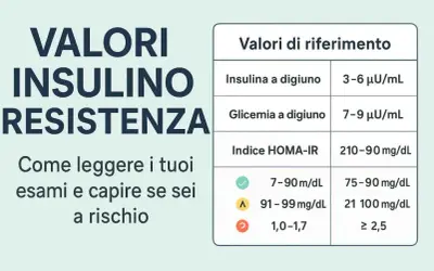 Valori di riferimento per insulina, glicemia e indice HOMA-IR, utili per interpretare la curva glicemica e valutare il rischio di insulino-resistenza.