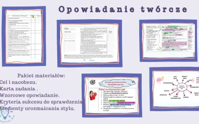 Pakiet materiałów do opowiadania twórczego: cele, karta zadania, wzorzec, kryteria sukcesu i elementy urozmaicania stylu.