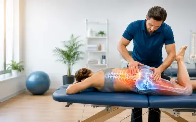 Fizjoterapeuta wykonuje terapię manualną kręgosłupa. Częstotliwość zabiegów zależy od stanu pacjenta.