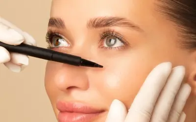 Une main gantée utilise un stylo pour marquer le visage d'une femme, préparant un brow lift pour un regard plus jeune et lifté.