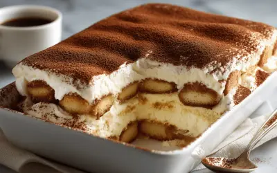 Un délicieux tiramisu sans café, crémeux et léger, saupoudré de cacao. Une gourmandise parfaite pour tous.
