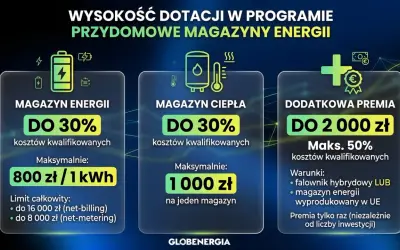 Dotacje na magazynowanie energii elektrycznej: do 30% kosztów kwalifikowanych na magazyn energii i ciepła, premia do 2000 zł.
