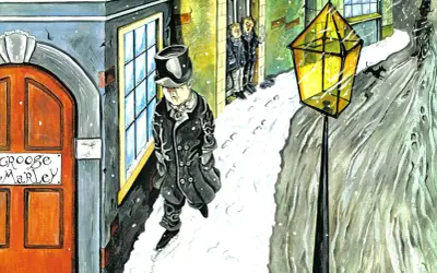 Ilustracja przedstawia Ebenzera Scrooge'a w czapce i płaszczu, idącego w śnieżny wieczór ulicą.