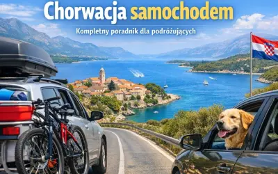 Chorwacja samochodem: złoty retriever w samochodzie, rowery na bagażniku, piękny widok na morze i miasteczko. Idealna podróż!