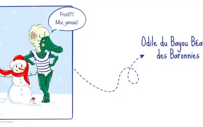Une alligator en maillot de bain, indifférente au froid, à côté d'un bonhomme de neige. Avis pompe à chaleur grand froid : elle n'en a pas besoin !