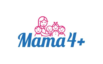Logo "Mama 4+" z uśmiechniętą mamą i czwórką dzieci. Symbolizuje dodatkowe 200 zł do emerytury za dzieci.