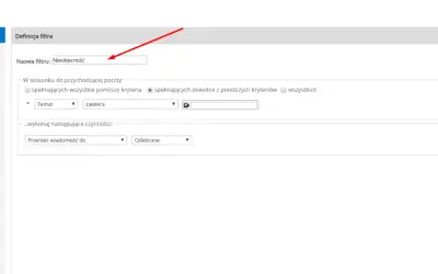 Konfiguracja filtra "Nieobecność" dla poczty przychodzącej. Ustawienia autoresponder'a przeniosą wiadomości do folderu "Odebrane".