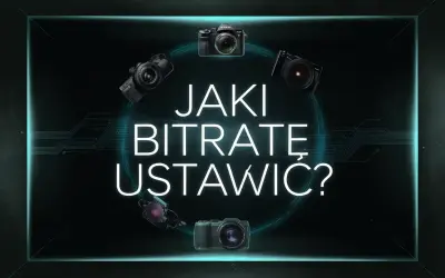 Jaki bitrate do 1080p? Pięć aparatów otacza neonowy napis, sugerując wybór ustawień dla idealnego obrazu.