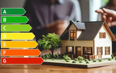 Energieeffizienz-Skala neben Hausmodell. Ein Energieberater erstellt einen Sanierungsfahrplan für Ihr Zuhause.