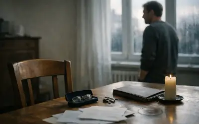 Mężczyzna stoi przy oknie, myśląc o formalnościach związanych z postępowaniem spadkowym. Na stole leżą dokumenty, klucze, okulary i płonąca świeca.