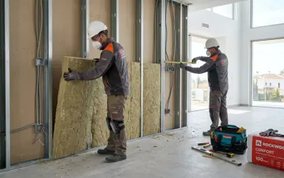 Dos obreros instalan aislamiento en una pared. El material, que parece lana de roca, se coloca entre perfiles metálicos. Se ve una caja de Rockwool y herramientas. Las subvenciones se devuelven con trabajo de calidad.