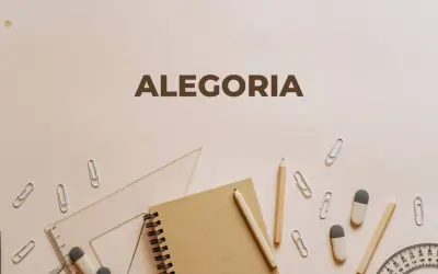 Szkolne przybory, jak ołówki i linijki, tworzą tło dla napisu "ALEGORIA". To wizualna alegoria nauki i kreatywności.