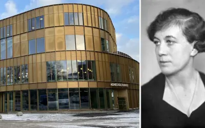 Agnes kulturhus, en modern byggnad i guld, bredvid ett porträtt av författaren Agnes von Krusenstjerna.