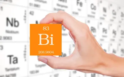 Dłoń trzyma pomarańczową kartkę z symbolem pierwiastka bizmut (Bi) i jego liczbą atomową 83. W tle widać tablicę Mendelejewa.