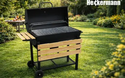 Nowy grill Heckermann czeka na rozpalenie. Wystarczy kilka prostych kroków, by cieszyć się smakiem potraw z rusztu w ogrodzie.