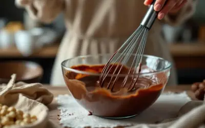 Une main utilise un fouet pour travailler le chocolat fondu dans un bol en verre. Des noisettes sont visibles sur le côté.