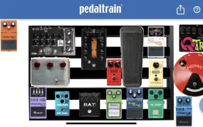 Efekt gitarowy na pedalboardzie: Boss NS-2, DS-1, TU-3, MXR Dyna Comp, Electro-Harmonix Big Muff, Ibanez Tube Screamer, Boss BD-2, RAT, Fuzzface i inne.