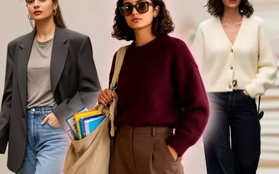 Tre donne mostrano un outfit da insegnante donna: blazer grigio, maglione bordeaux e cardigan bianco, con jeans e pantaloni eleganti.