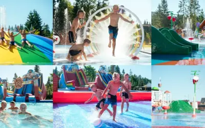 Dzieci bawią się w wodnym raju. Kolorowe zjeżdżalnie i fontanny w aquaparku Solina zapewniają mnóstwo radości.
