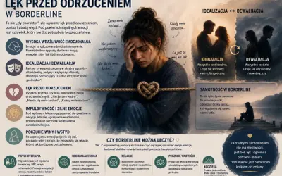 Lęk przed odrzuceniem w borderline: wysoka wrażliwość, idealizacja/dewaluacja, impulsywność, poczucie winy. Rady: psychoterapia, regulacja emocji, budowanie relacji, poczucie wartości.