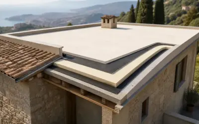 Strati di un tetto con cappotto termico sottile, che mostra isolamento e impermeabilizzazione su una casa con vista mare.