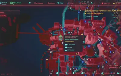 Mapa z gry Cyberpunk 2077. Wskazuje na zadanie "Podejrzenie cyberpsychozy", gdzie po pierwsze nie szkodzić.