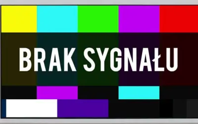 Kolorowe pasy testowe telewizora z napisem "BRAK SYGNAŁU".