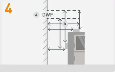 Schritt 4: Messen Sie den Abstand für das Ofenrohr um die Ecke legen. DWF und b. sind markiert.