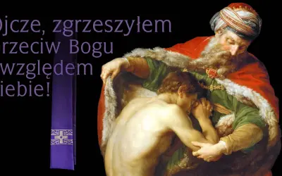 Obraz przedstawia powracającego syna marnotrawnego, który prosi ojca o przebaczenie. To przykład pokuty, co to znaczy, gdy żałujemy za grzechy.