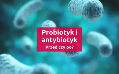 Bakterie w tle, na różowym tle napis "Probiotyk i antybiotyk. Przed czy po?".