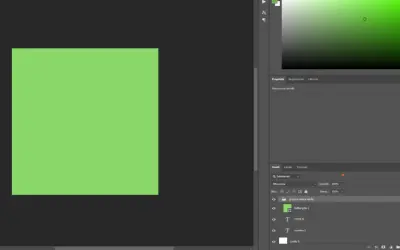 Schermata di Photoshop: un rettangolo verde su sfondo scuro, con pannelli per unire livelli e modificare proprietà.
