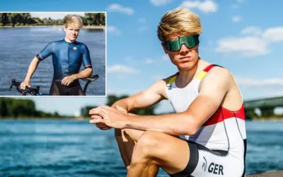 Jason Osborne, ein deutscher Triathlet, sitzt am Wasser. Ein kleineres Bild zeigt ihn mit seinem Rennrad.