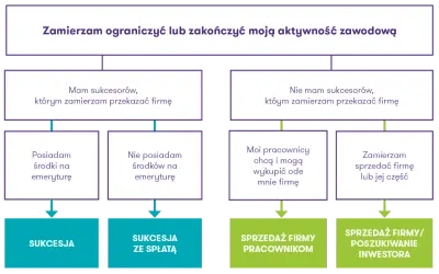Schemat planowania sukcesji firmy: czy masz sukcesorów, środki na emeryturę, czy pracownicy chcą wykupić firmę? Sukcesja co to, zależy od tych czynników.
