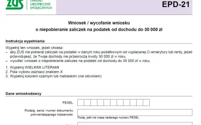 Wniosek o niepobieranie zaliczek na podatek od dochodu do 30 000 zł. Dotyczy emerytury/renty, nie przelewu od znajomego.