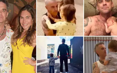 Robbie Williams med sina barn. En bild visar honom med en bebis, en annan med sina äldre barn.