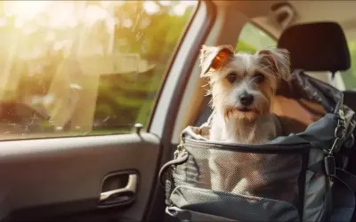 Petit chien dans un sac de transport en voiture, l'air un peu malade, regardant par la fenêtre.