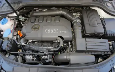 Silnik TFSI w Audi 8P. Widoczne elementy układu dolotowego, zbiornik płynu chłodniczego i alternator.