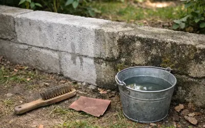 Jak odnowić stary murek betonowy? Metalowa szczotka, papier ścierny i wiadro z wodą czekają, by przywrócić mu dawny blask.