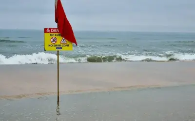 Röd flagga och skylt varnar för farliga strömmar vid stranden i Goa, Indien. Ingen badzon.