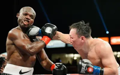 A boxer lands a punch on his opponent. The boxer on the left, with a determined grimace, is about to be hit. The boxer on the right, with a focused expression, delivers a powerful blow. This is a classic boxer vs brawler showdown.